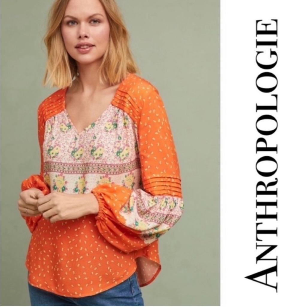 Maeve For Anthropologie Ceresco Orange Floral Peasant Blouse